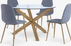 AGERBY + JONSTRUPMesa AGERBY Ø119 roble natural +4 sillas JONSTRUP azul claro