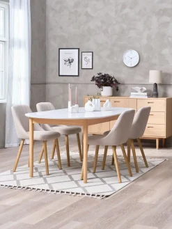 MARSTRAND + ADSLEVMesa MARSTRAND Ø110 blanco + 4 sillas ADSLEV beis