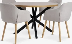 NORTOFT + ADSLEVMesa NORTOFT Ø120 roble cálido + 4 sillas ADSLEV beis